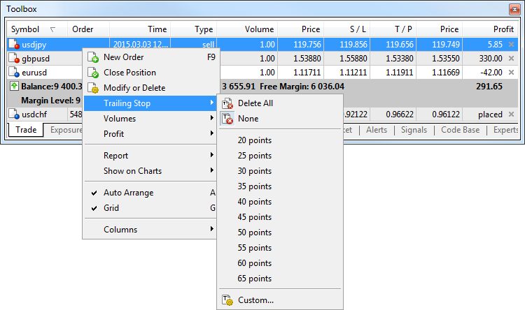 Para activar Trailing Stop, abra el menú contextual de la posición y especifique su valor