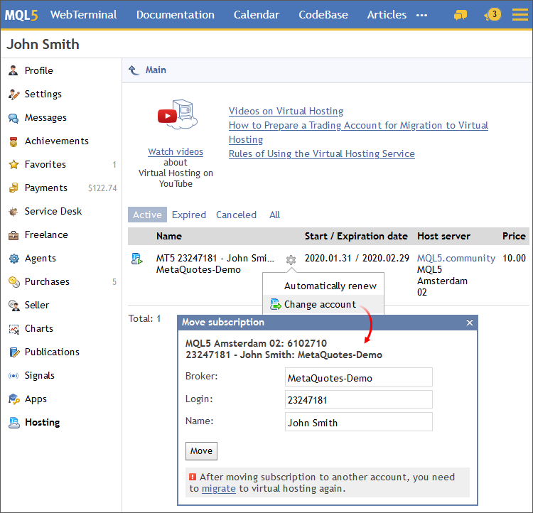 Moving hosting to another trading account