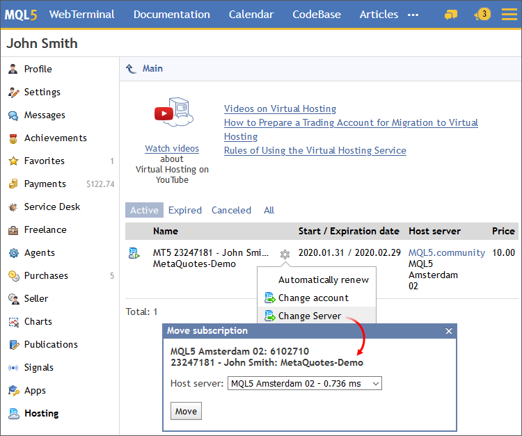 A server can be changed under the Hosting section of the MQL5.community profile