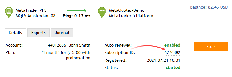 Click on the ID to open the subscription management page