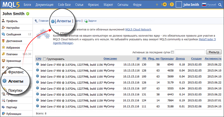 Управление агентами через профиль MQL5.community