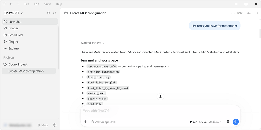 Ask Codex to list available tools Ask Codex to list available tools