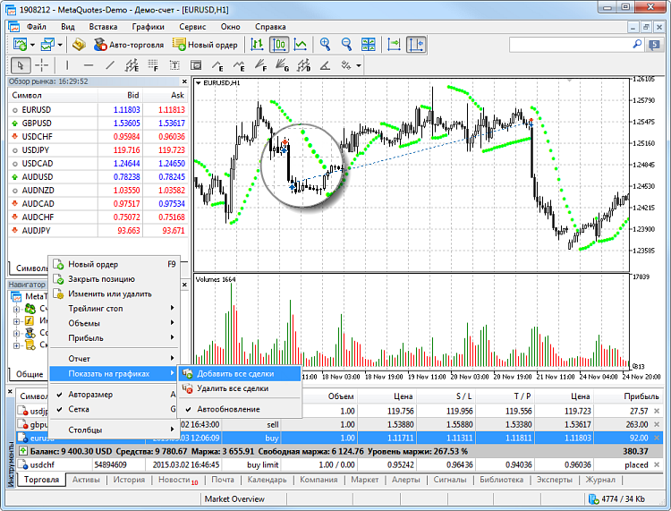 Чтобы добавить сделки на график, нажмите Показать на графике в контекстном меню
