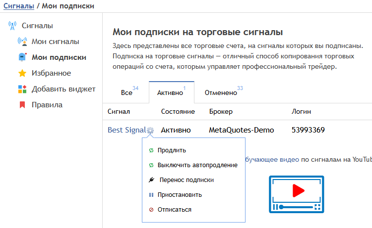 Управление подписками на MQL5.com