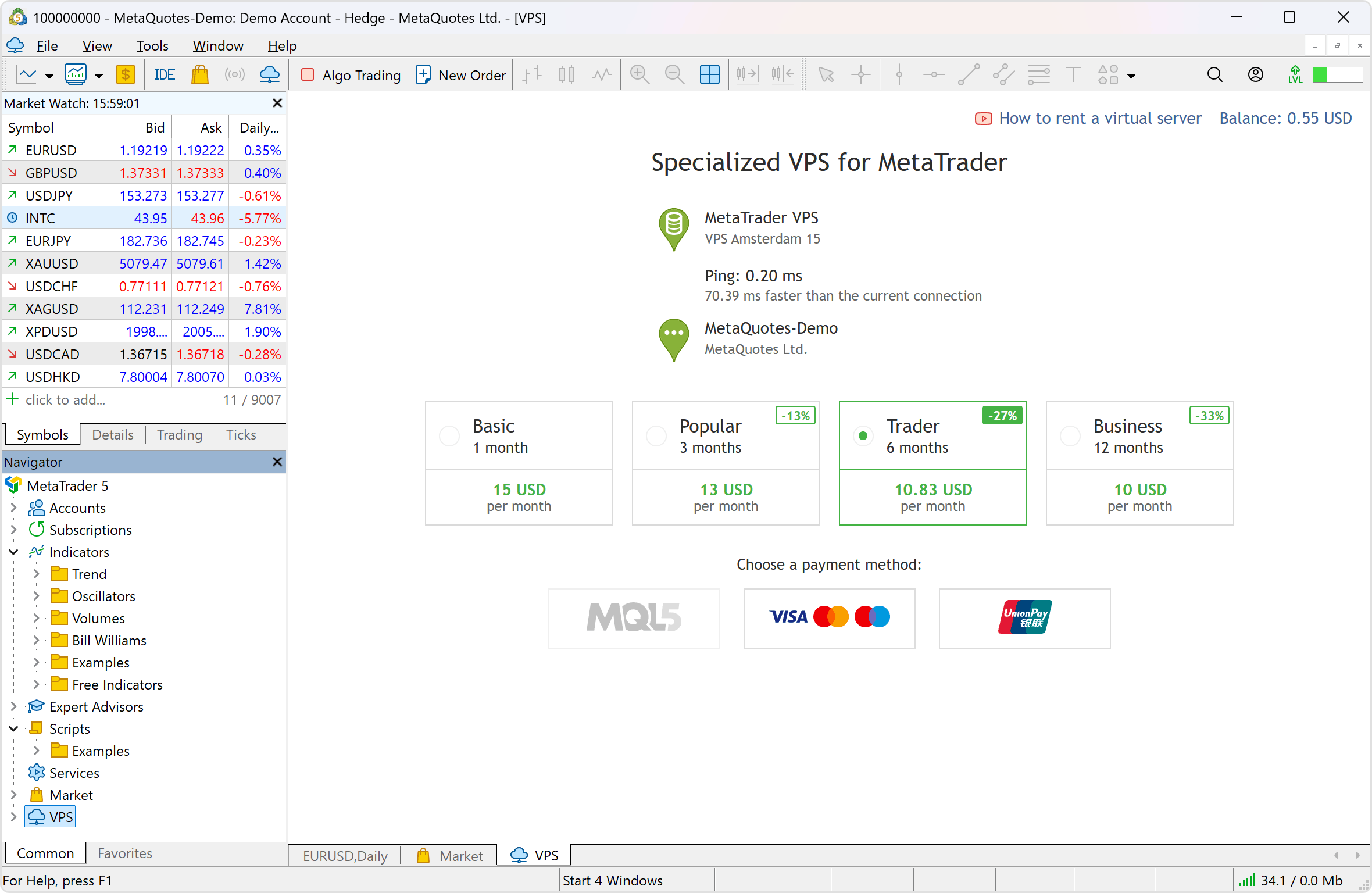 Арендуйте виртуальный хостинг прямо в платформе для круглосуточной работы ваших торговых роботов и подписок на сигналы