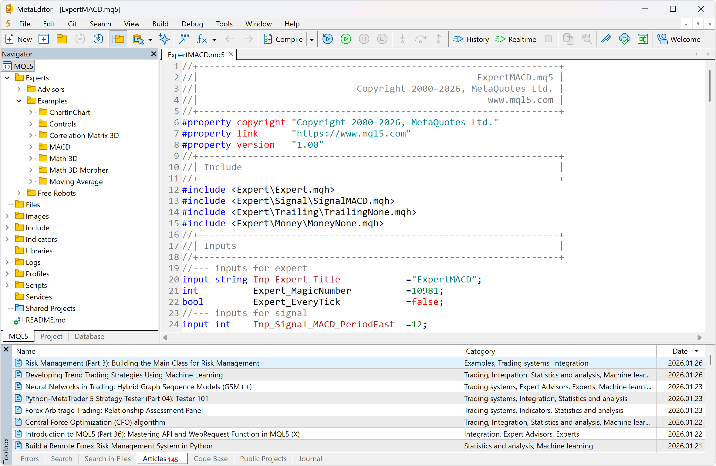 Встроенный редактор MetaEditor позволяет самостоятельно разрабатывать торговых роботов и индикаторы