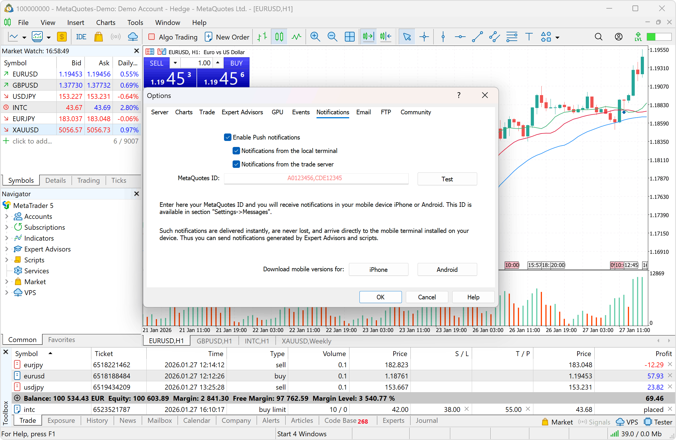 Ваш MetaTrader 5 может быть связан с мобильной версией для Android и iOS. Укажите свой MetaQuotes ID и получайте push-уведомления от запущенных роботов на свой смартфон