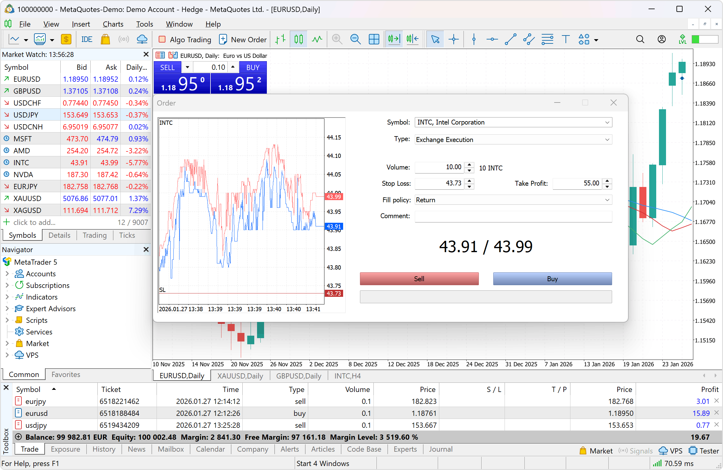 В вашем распоряжении 2 рыночных ордера, 6 отложенных ордеров, 2 стоп ордера и трейлинг стоп