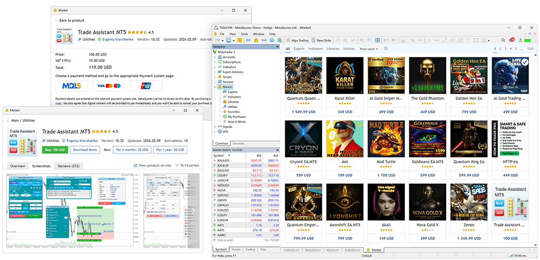 Во встроенном MetaTrader 5 вы можете купить или арендовать тысячи торговых роботов и технических индикаторов для MetaTrader 5