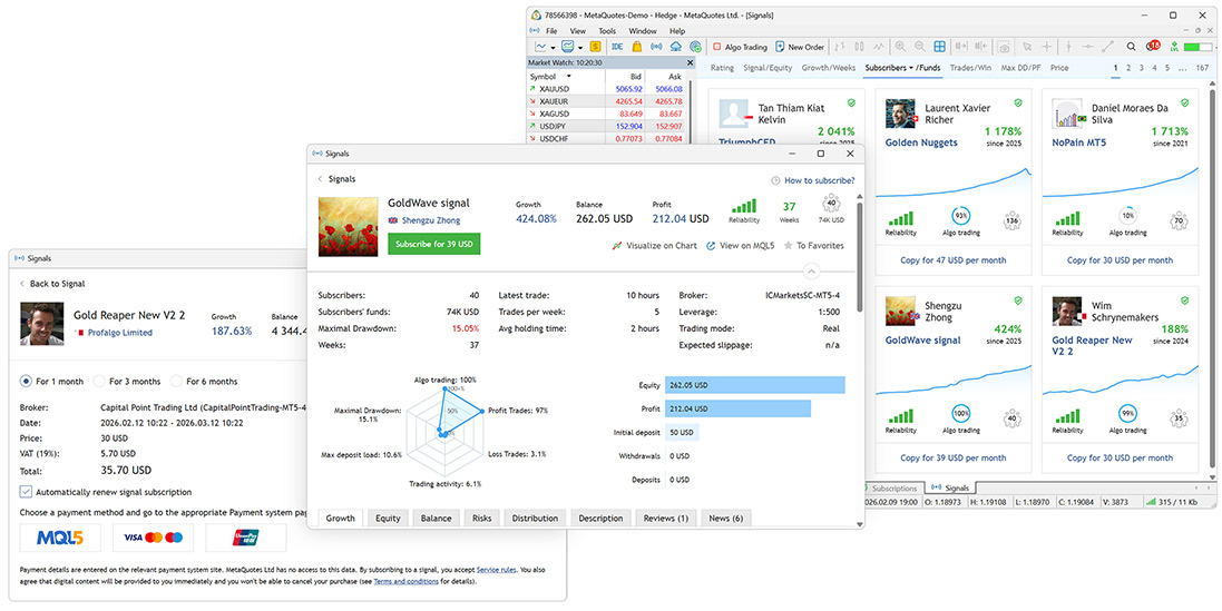 Trading Signals service in MetaTrader 5 allows you to copy deals of experienced traders on your trading account